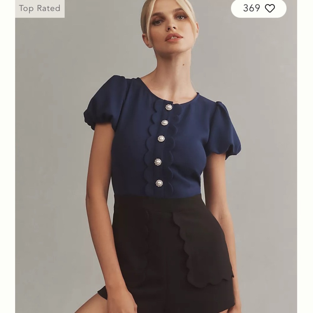 Maeve Size 14 Scalloped Romper Navy Black Pearl Buttons Puff Sleeve Preppy